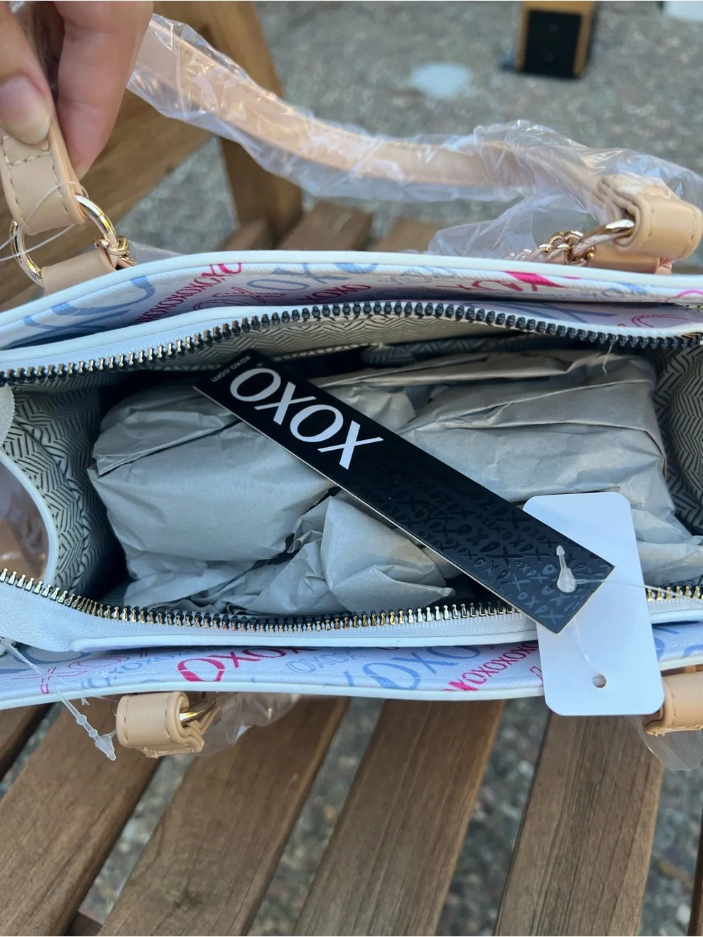 XOXO White Satchel with Blue and Red Logo Print and Tan Trims